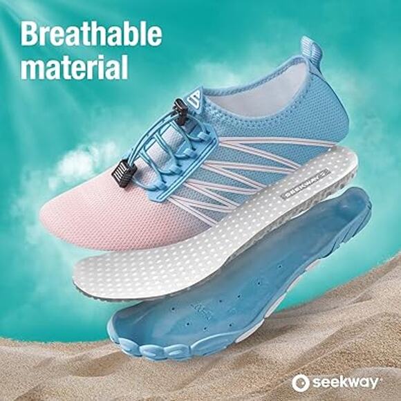 Seekway Womens Size 9 Blue Pink White Drawstring Quick-Dry Aqua Sock Water Shoes - Picture 3 of 7